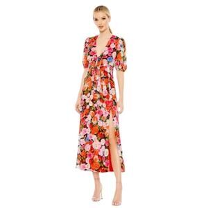 Mac Duggal NEW Size 4 Multicolor Floral Print Front Tie Sleeve Midi Dress 55626